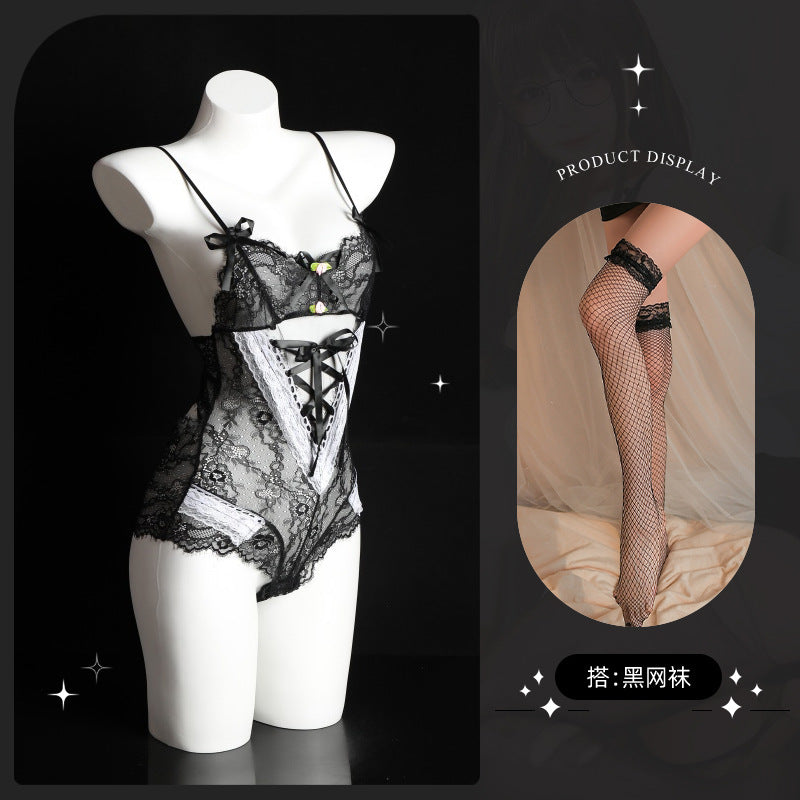 LS Sexy Lingerie Strap Sexy Maid Uniform Temptation No-Remove Small Chest Lace One-Piece Open Crotch 8040