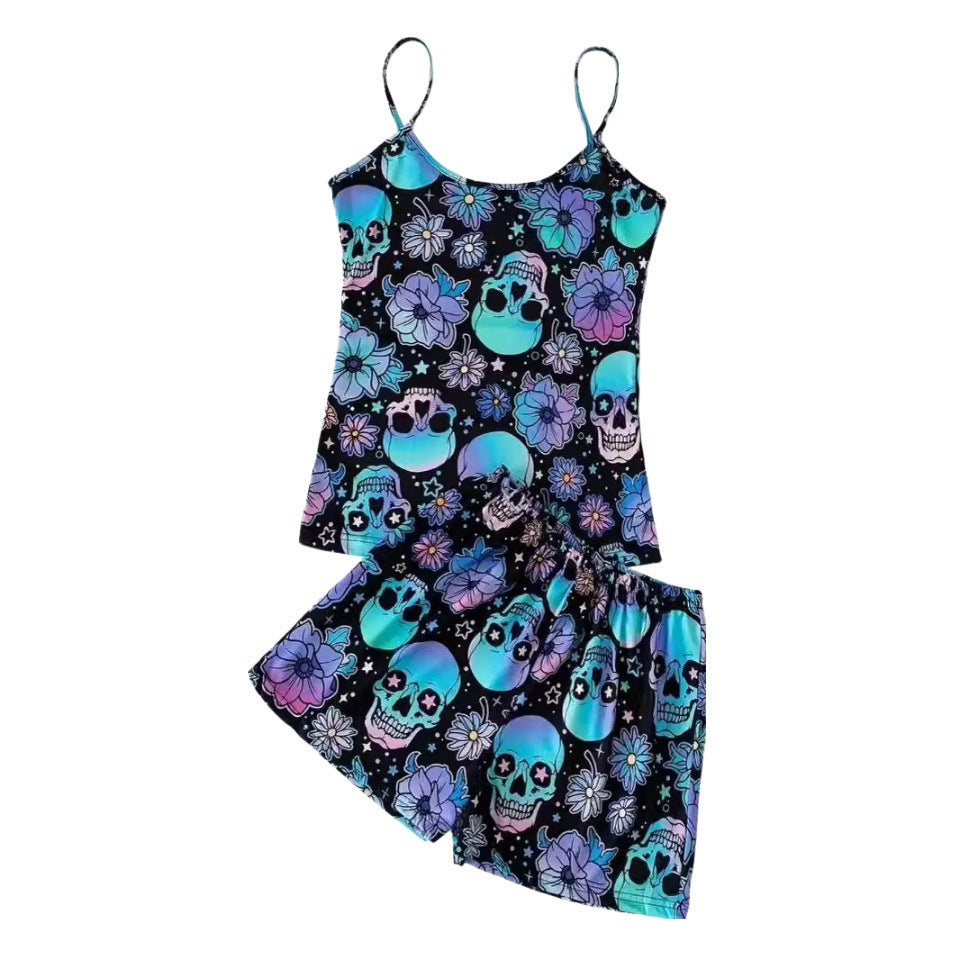 Halloween Skull Bones Flower Print Sling Top Shorts Home Clothes Pajamas suit pajamas Set
