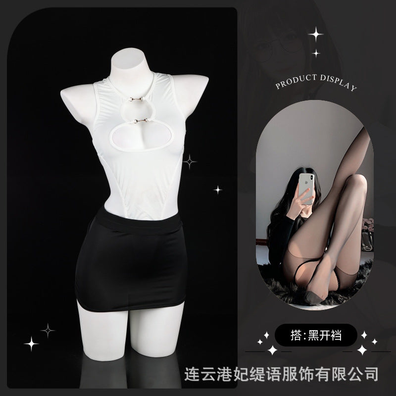 LS Sexy Underwear Sexy Leaky Chest Tight jumpsuit Temptation Hip Skirt No-off Hot Secretary 8249