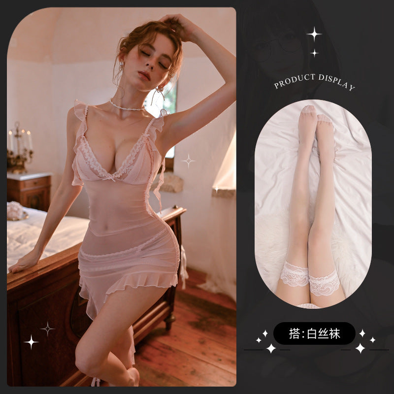 LS Sexy Pajamas Women's Lace Mesh Perspective Asymmetric Skirt Suspender Nightgown Thin Sexy Underwear