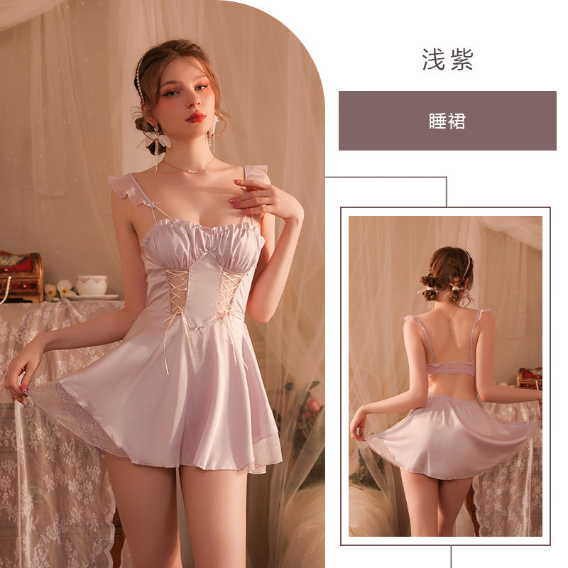 Sexy pajamas women's lace strap nightdress transparent thin plus size loose ice silk small chest push up underwear with steel ring