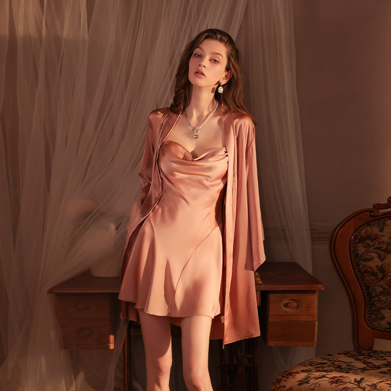 Ying Sexy Satin Sling Nightdress Skirt Collar Hollow Pure Backless Pajamas Ribbon Deep V Home Dress Nightdress for Women