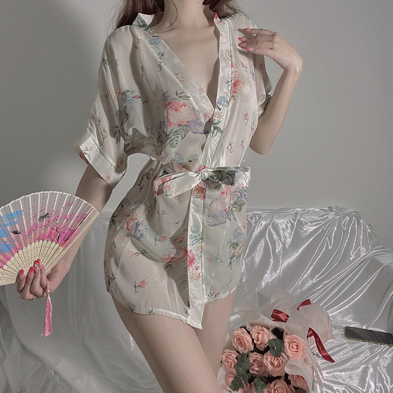 LS Sexy Lingerie Sexy Uniform Temptation Pajamas Pure Desire Japanese Style Cardigan Chiffon Bathrobe Pajamas 8007