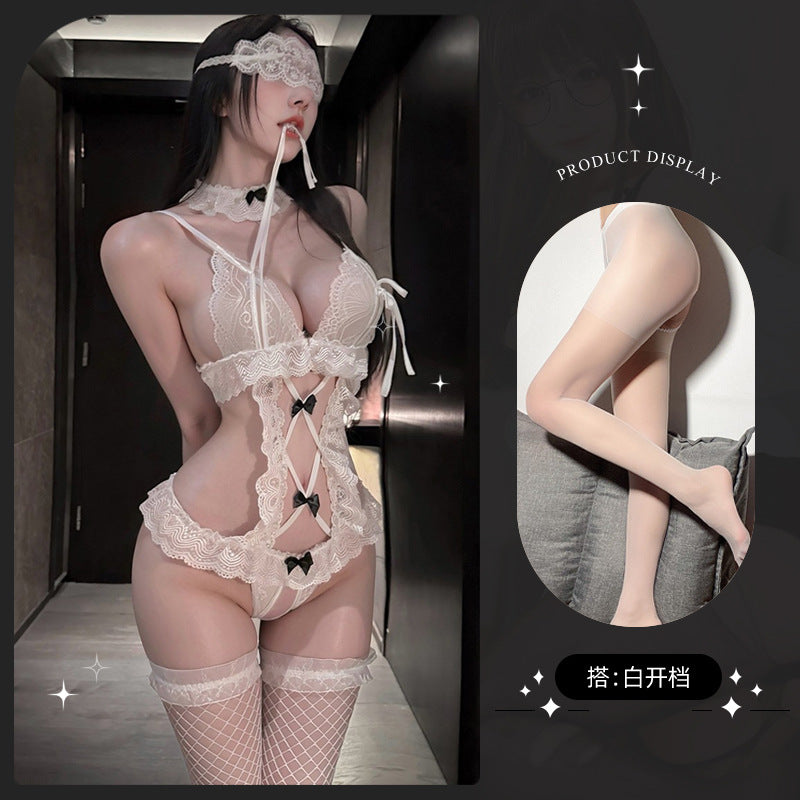 LS Sexy Lingerie Sexy Jumpsuit Pure Desire Lace Temptation Open Crotch Uniform Maid Outfit Flirting Pajamas