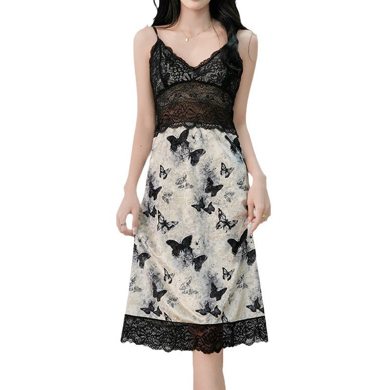 Ying Chun Wants to Add Chest Pad Pajamas Butterfly Printed Long Velvet Sling Nightgown plus size suit Home Clothes