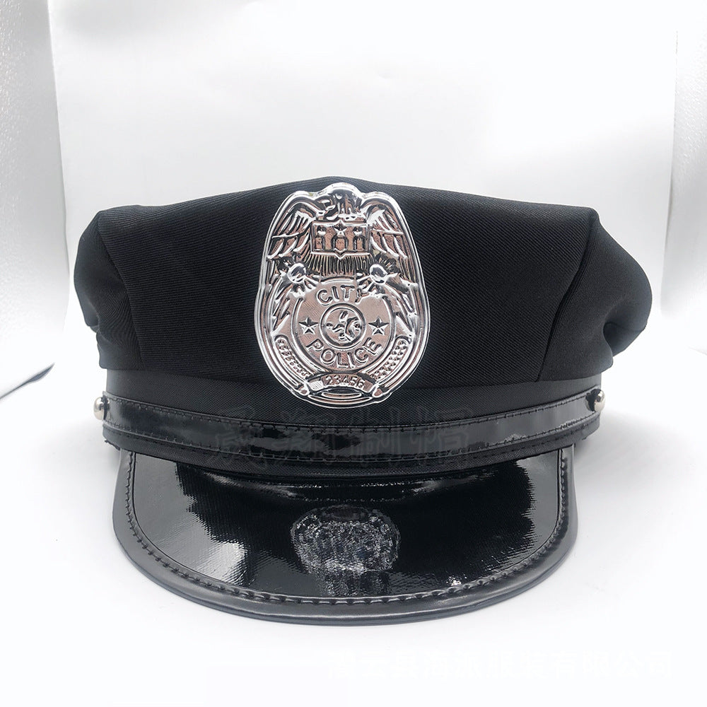 Black policewoman hat seductive octagonal hat flat top all-match Halloween role-playing props