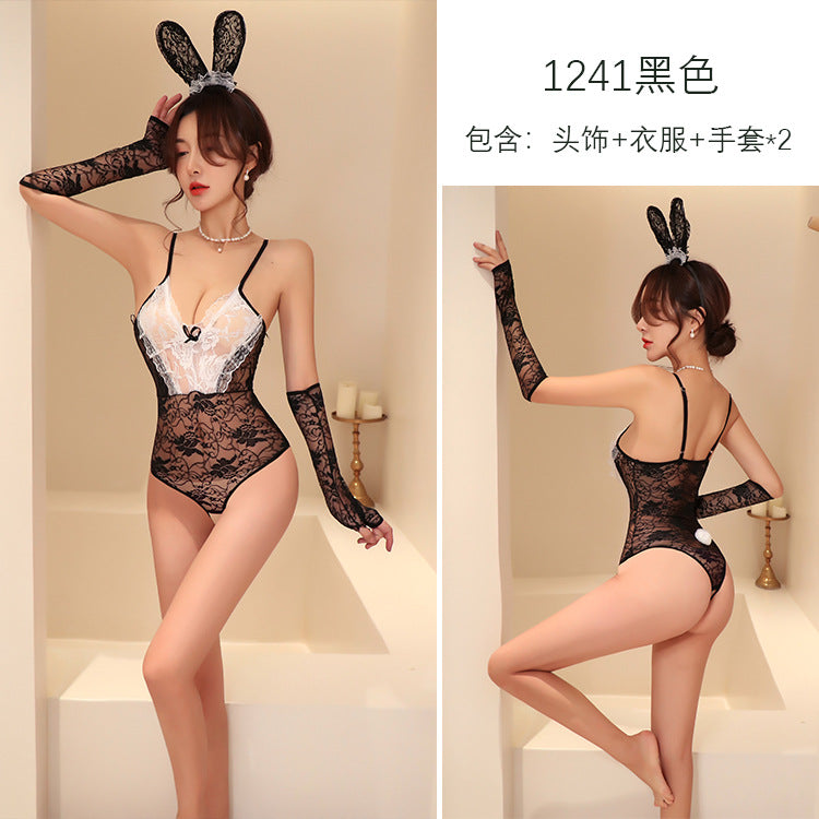 Long Night Sexy Lingerie Sexy Bunny Lace Jumpsuit Set Open File Uniform Temptation 1241