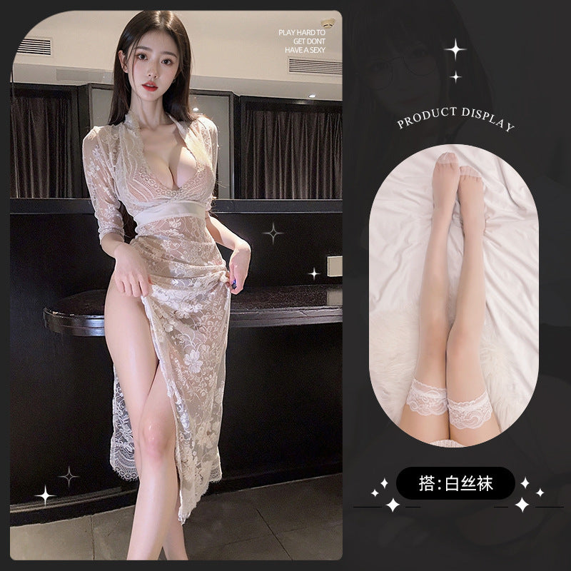 LS Sexy Lingerie Sexy Pure Desire Low-Cut Buttocks High Slit Temperament Slim Hot Girl Dress 8161