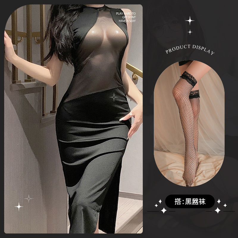 LS Sexy Lingerie Nightclub Sexy Uniform Temptation See-Through Breast-Revealing Pajamas Pure Desire Dress 8011