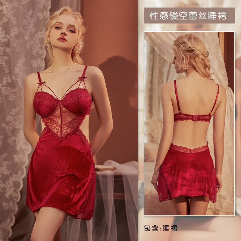 3061 Ying sexy gold velvet nightdress women's winter with chest cotton small chest gathered lace sling Women's Home suit