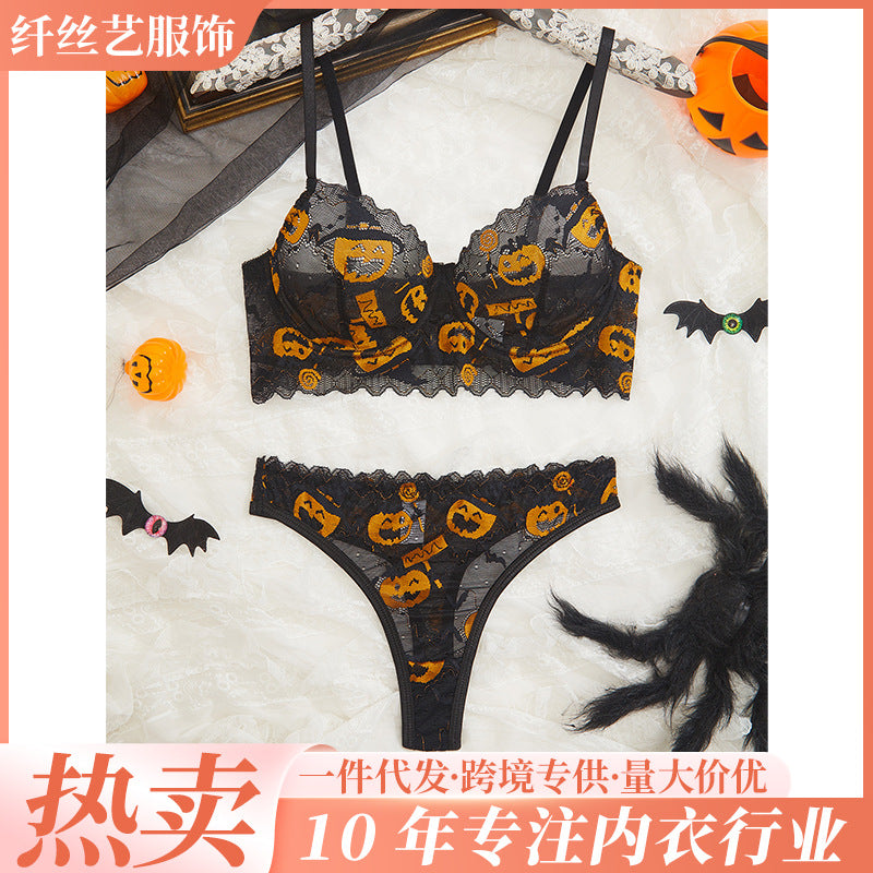Women's Underwear Sexy Halloween Pumpkin Embroidered Hollow Lace Small Bra Gather Breathable suit Bra