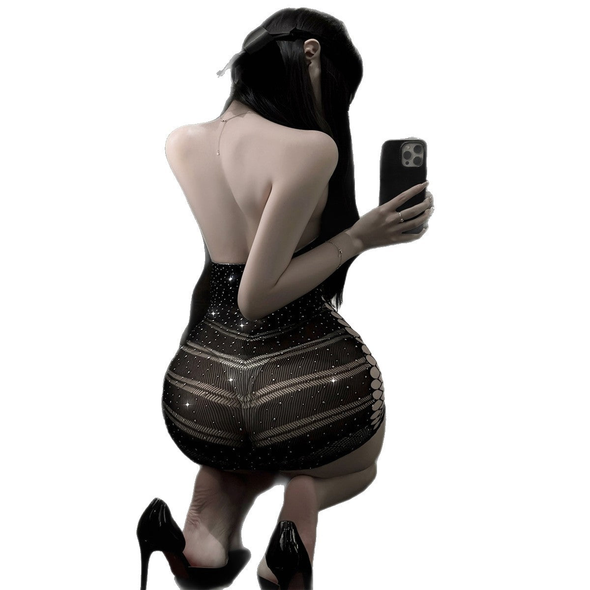 LS Sexy Mesh Halter Neck Lingerie Tempting Backless Bodysuit with Hotfix Rhinestones No-Remove Internet Celebrity Costume