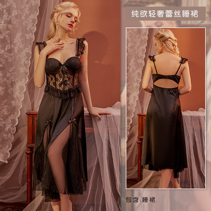 3060 Ying Sexy Home Clothes Entry Luxury French Style Long Nightgown with Chest Pad Push-up Steel Ring Pure Sling Nightgown