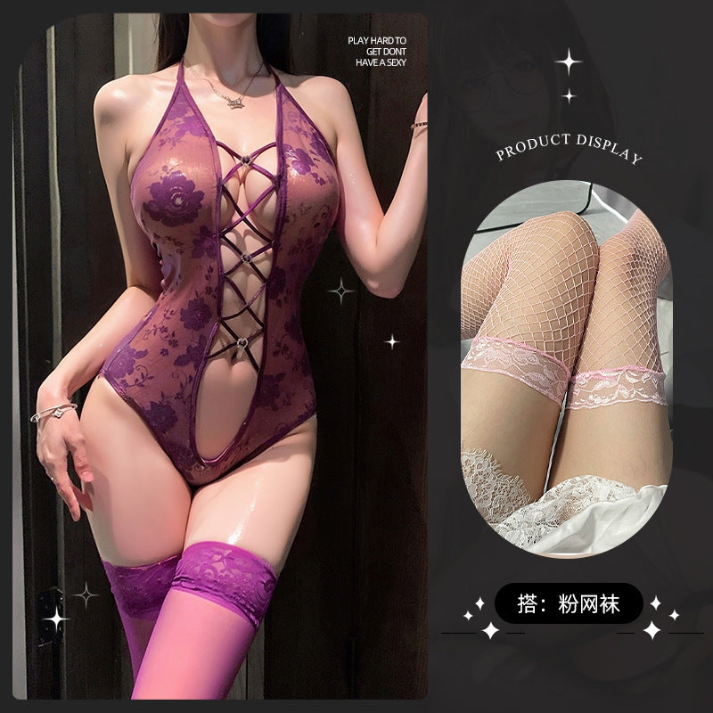 LS Sexy Lingerie Sexy Purple Lace Jumpsuit Small Breast Female Uniform Pure Desire Qqny Strap Suit