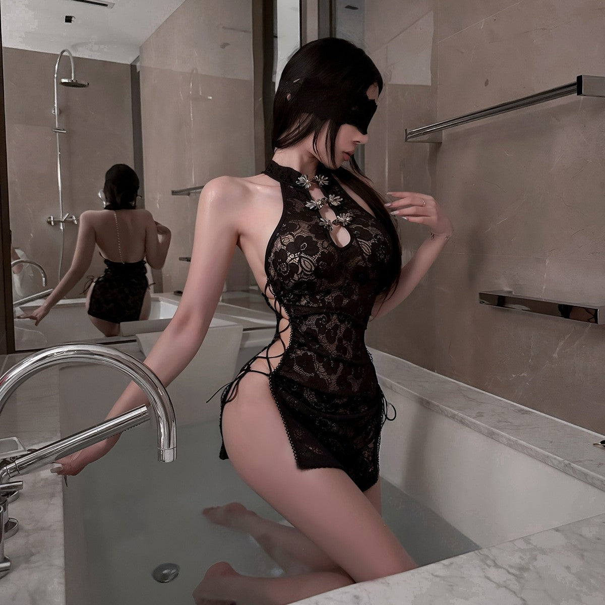 LS Sexy Lingerie Intertwined Cheongsam Style Backless Pearl Sexy Hot Passionate Lingerie Set
