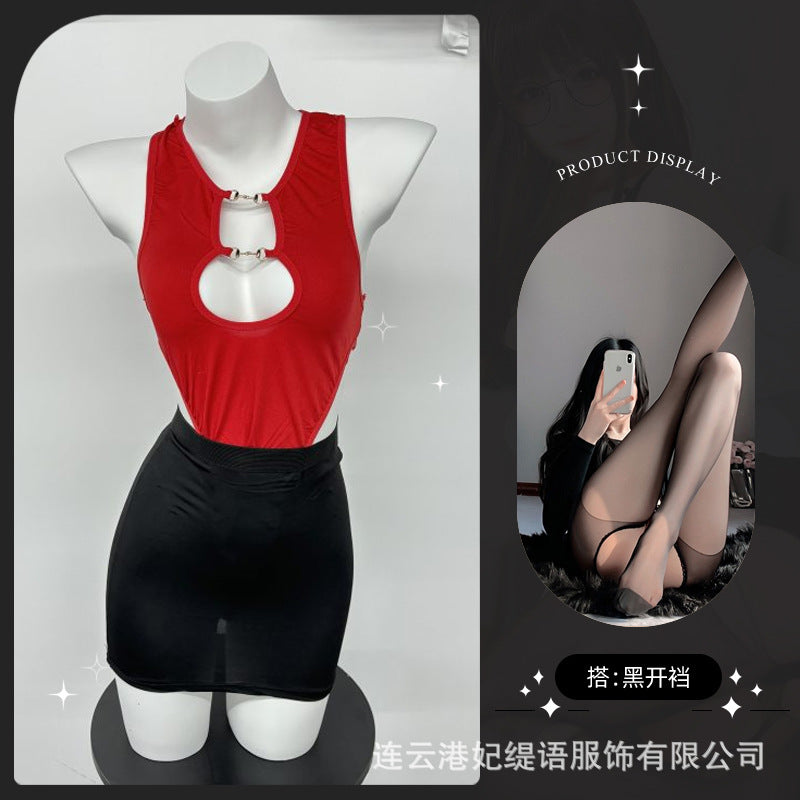 LS Sexy Underwear Sexy Leaky Chest Tight jumpsuit Temptation Hip Skirt No-off Hot Secretary 8249