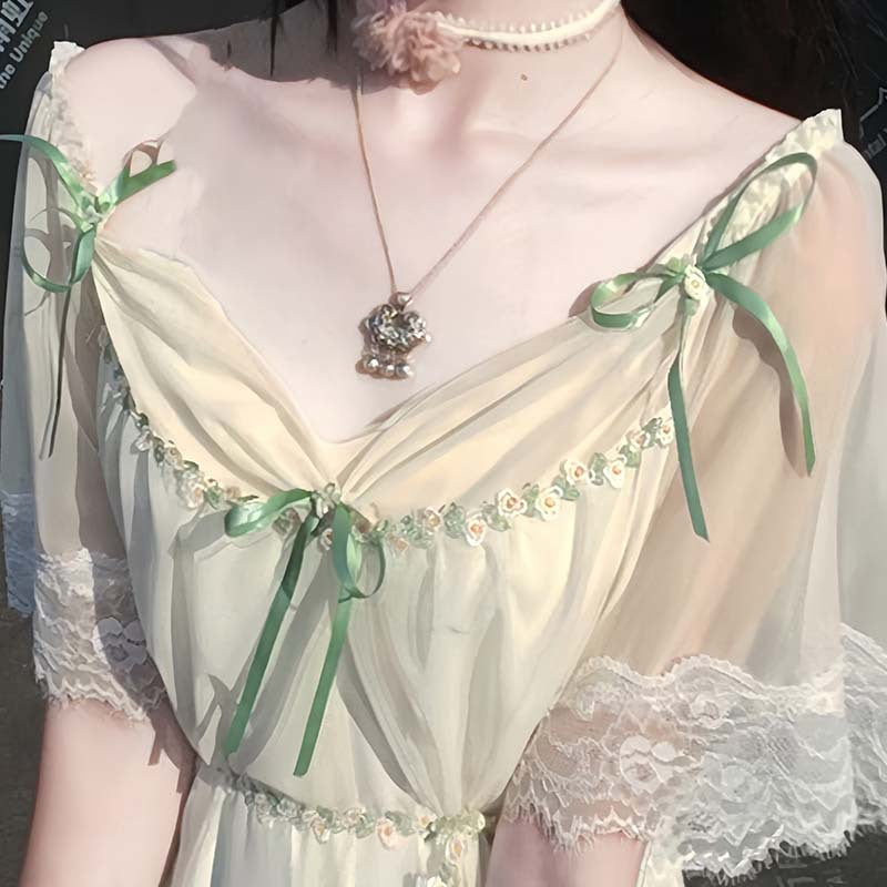 Sexy Pajamas for Women Summer Lace Mesh Underwear Private Sling Nightgown Internet Celebrity Bow Sexy Home Clothes Wholesale
