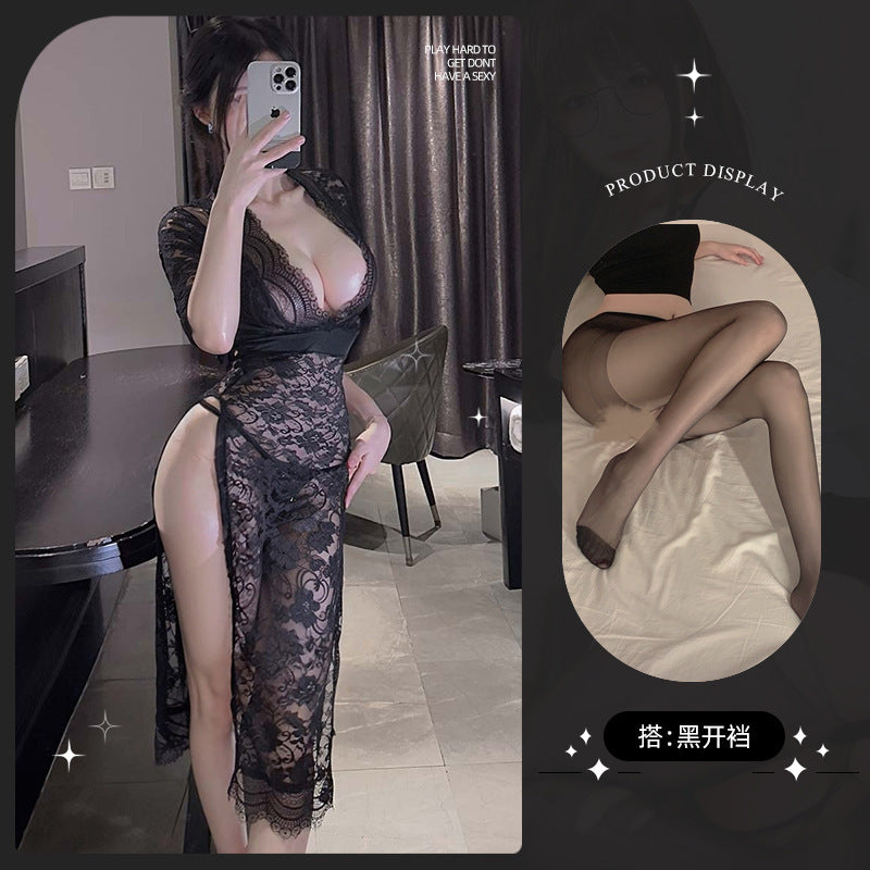 LS Sexy Lingerie Sexy Pure Desire Low-Cut Buttocks High Slit Temperament Slim Hot Girl Dress 8161