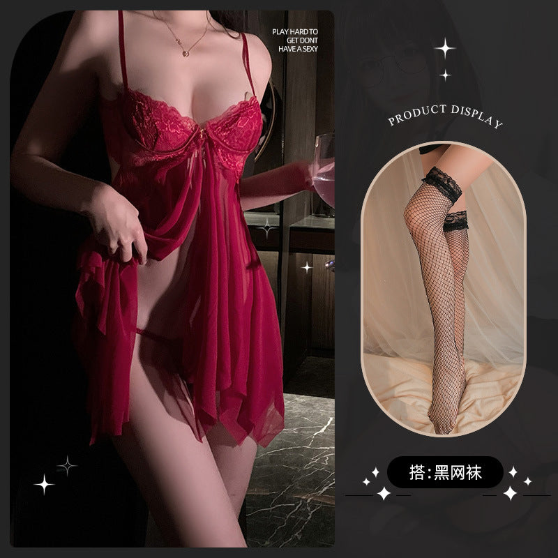 LS Sexy Lingerie Sexy Uniform Temptation Pajamas Pure Desire Small Breasts Show Big Transparent Lace Nightgown 8021