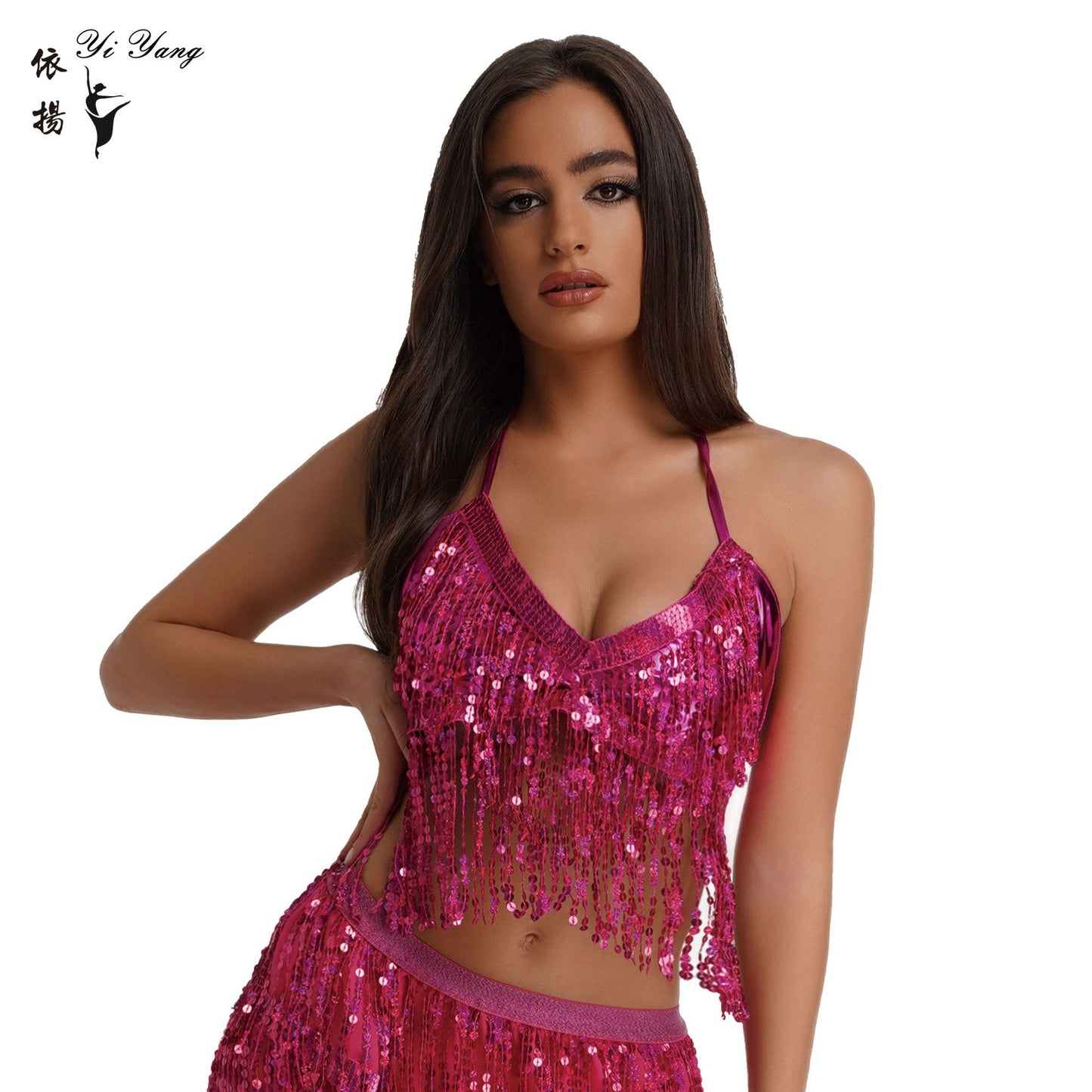 Halloween European and American sequined performance top belly dance tassel top nightclub stage strap party bra
