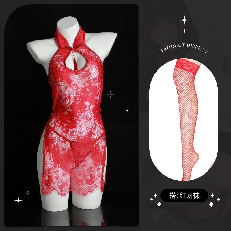LS Sexy Lingerie Lace Cheongsam Hollow See-Through Temptation Slit Uniform Temptation Pajamas Set