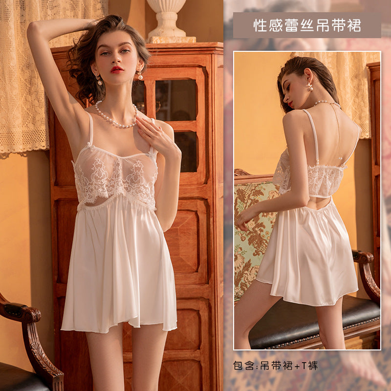 Ying new ice silk pajamas satin sexy backless strap nightdress lace stitching pajamas women's homewear 3026