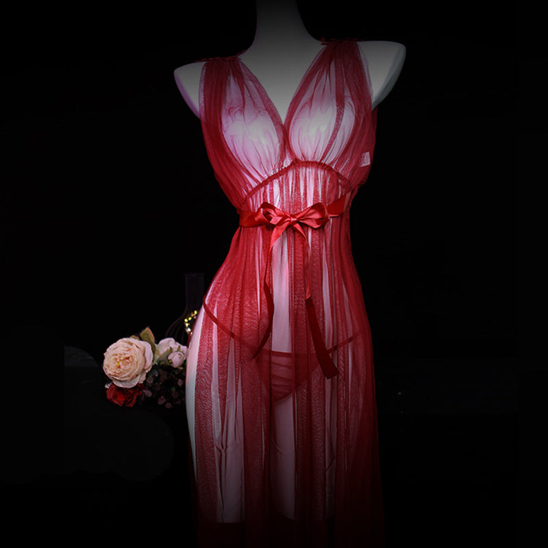 LS Sexy Underwear Sexy Uniform Pajamas Pure Desire Small Chest Large Transparent Tulle Lace Nightgown 8336