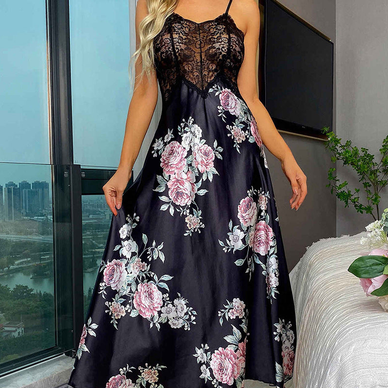 Ying sexy suspender nightgown women's European and American perspective lace V-neck low-cut home suit factory wholesale Y164