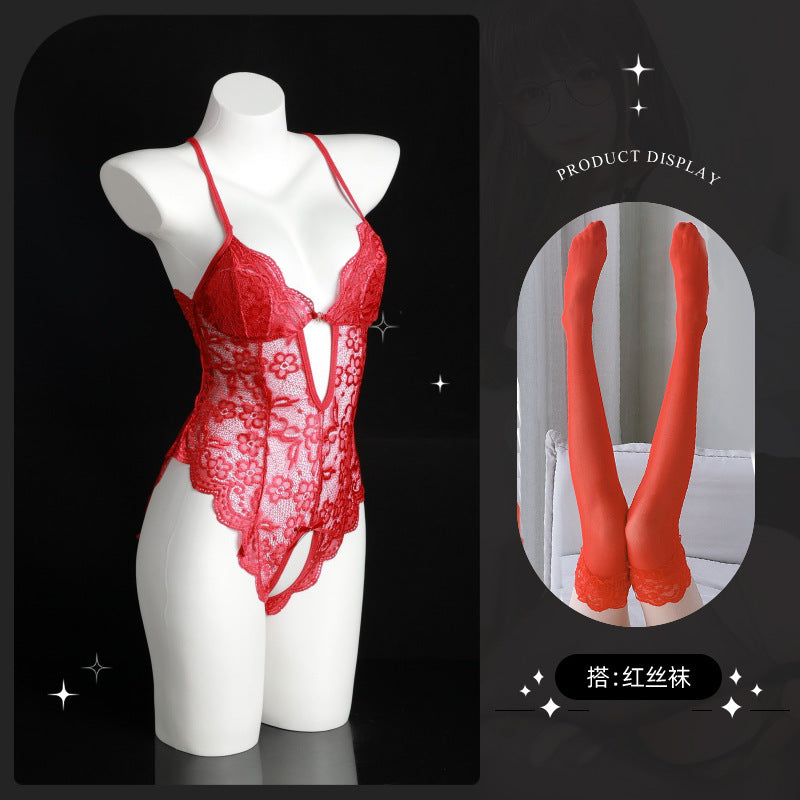 LS Sexy Lingerie Sexy Lace Passion Temptation Open File One-Piece Hot See-Through Pajamas No Need to Take Off 8842