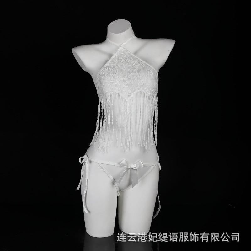 LS Sexy Lingerie Feminine Pure Desire Bellyband Tassel Open Crotch Temptation No-Take-Off Pajamas Three-Point See-Through Wear