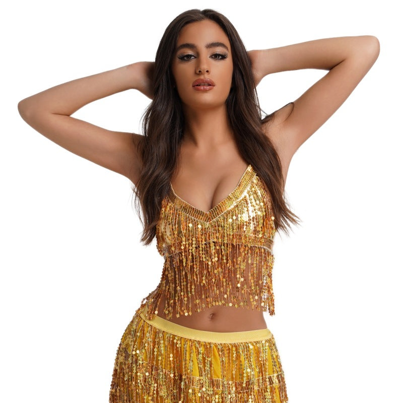 Halloween European and American sequined performance top belly dance tassel top nightclub stage strap party bra