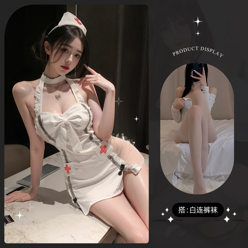 LS Sexy Lingerie Suspender Nurse Uniform Transparent Sexy Women's Uniform Suit Free of Taking Off Flirting Pajamas 8303