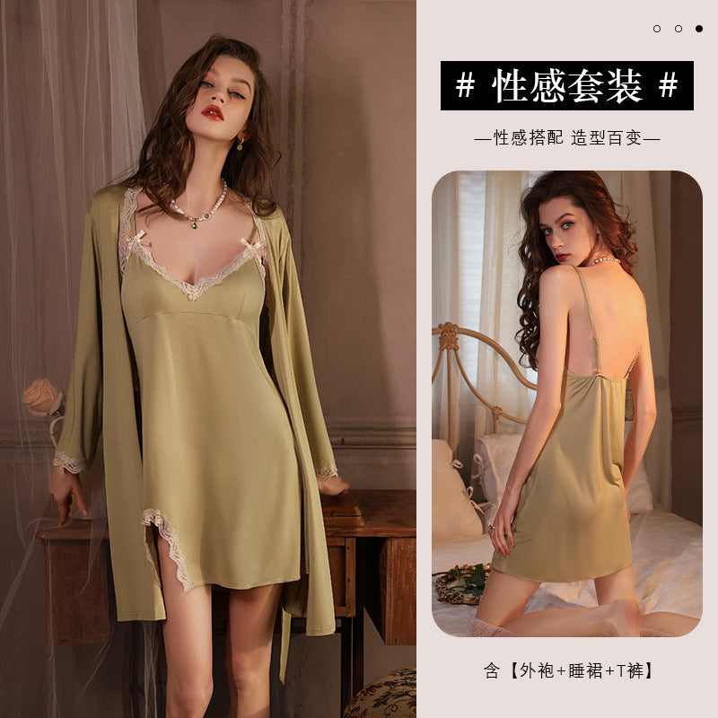 Ying Sexy Pajamas Set Women's Deep V Home Clothes Sling Nightgown Lace Slit High-end Backless Sleeping Clothes