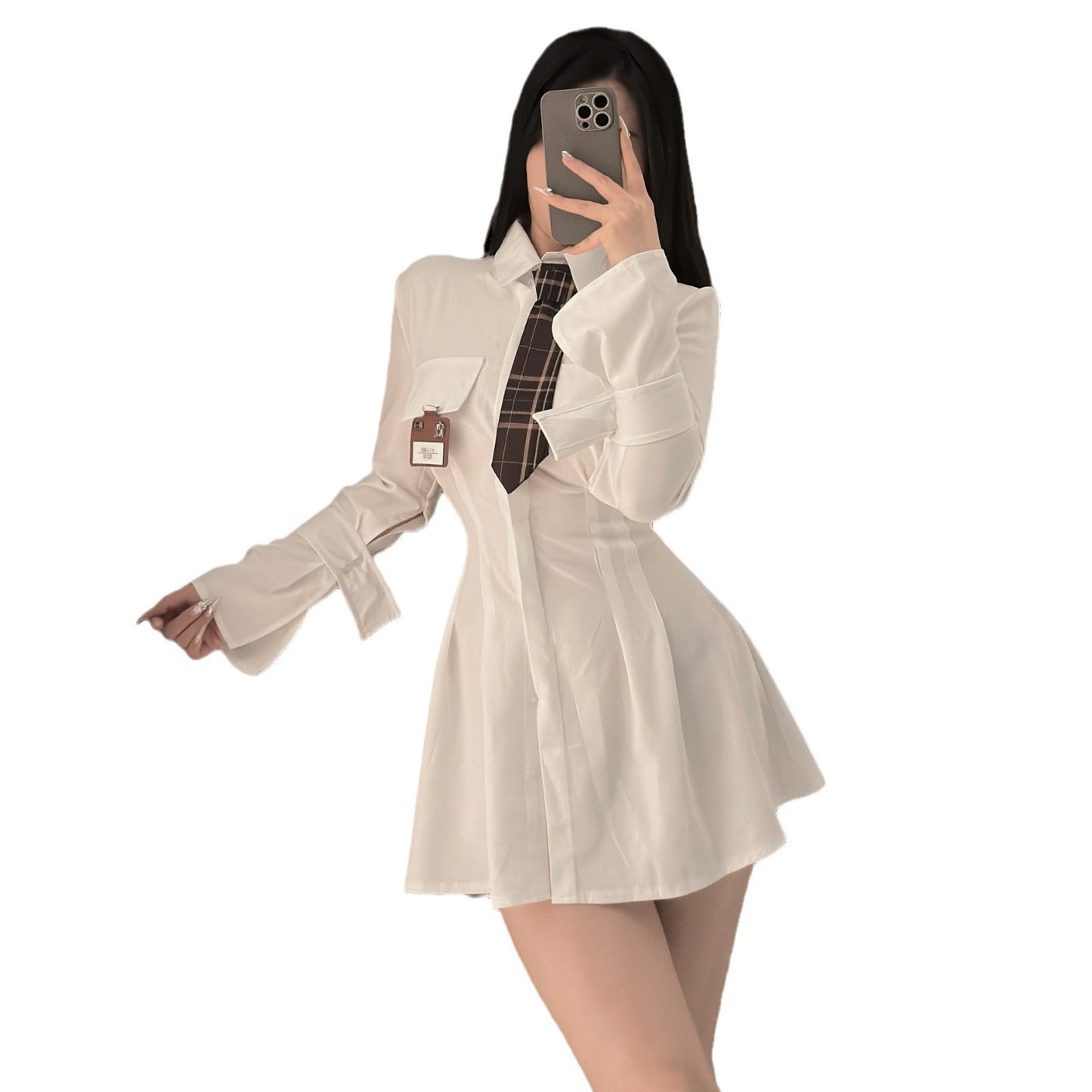 Sexy Lingerie Pure Long Sleeve Shirt dress Sexy Tight Waist Slimming Hip Covering Academic Uniform Temptation suit