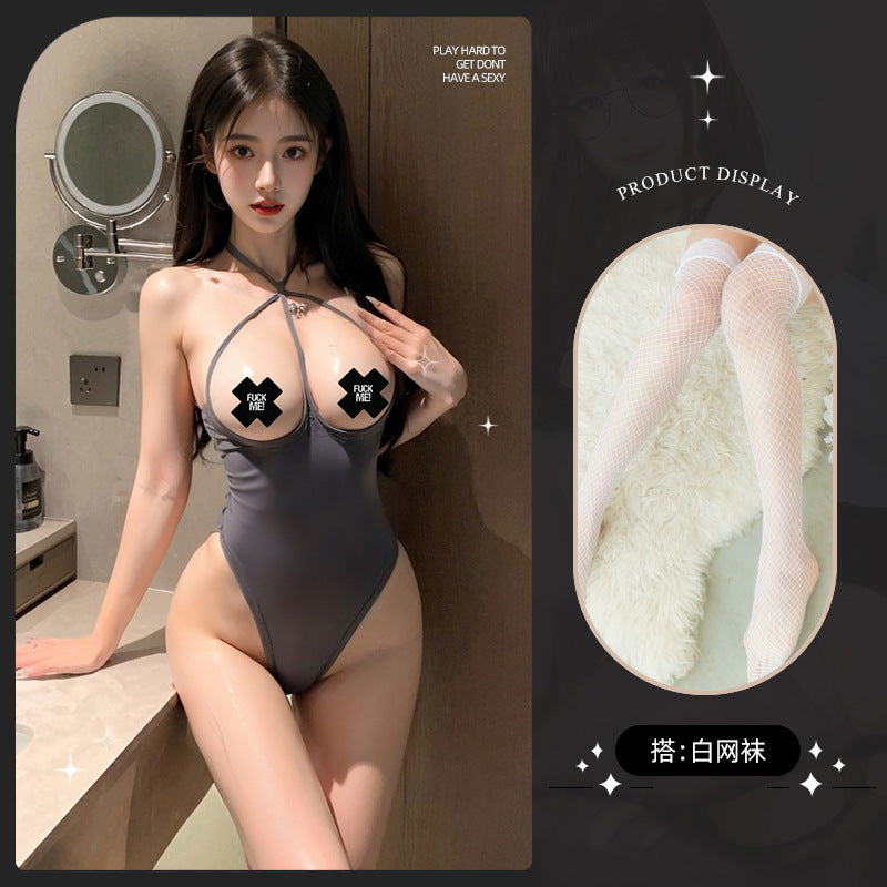 LS Sexy Lingerie Sexy Jumpsuit Women's Open File Temptation Hot Breast-Revealing Pajamas Free of Taking Off Uniform 8821