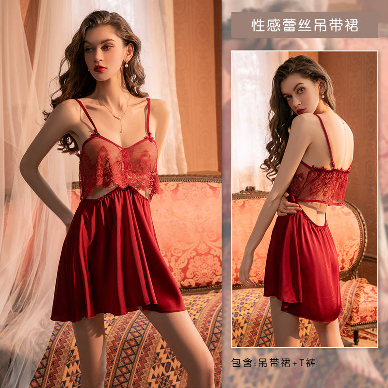 Ying new ice silk pajamas satin sexy backless strap nightdress lace stitching pajamas women's homewear 3026