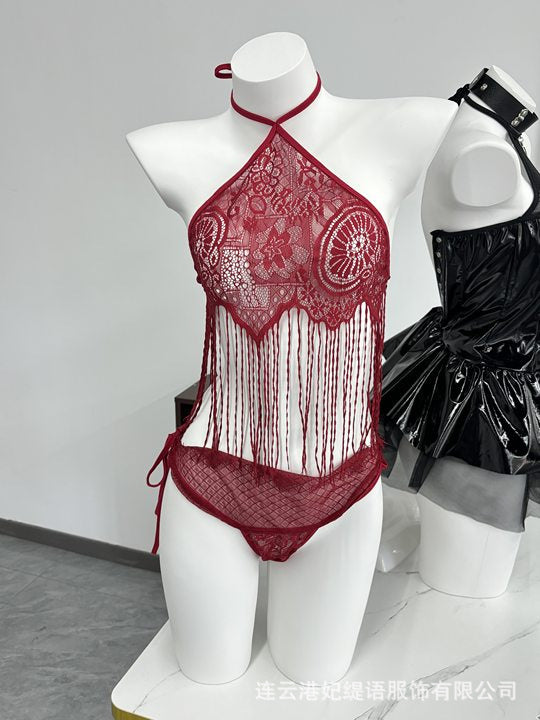LS Sexy Lingerie Feminine Pure Desire Bellyband Tassel Open Crotch Temptation No-Take-Off Pajamas Three-Point See-Through Wear