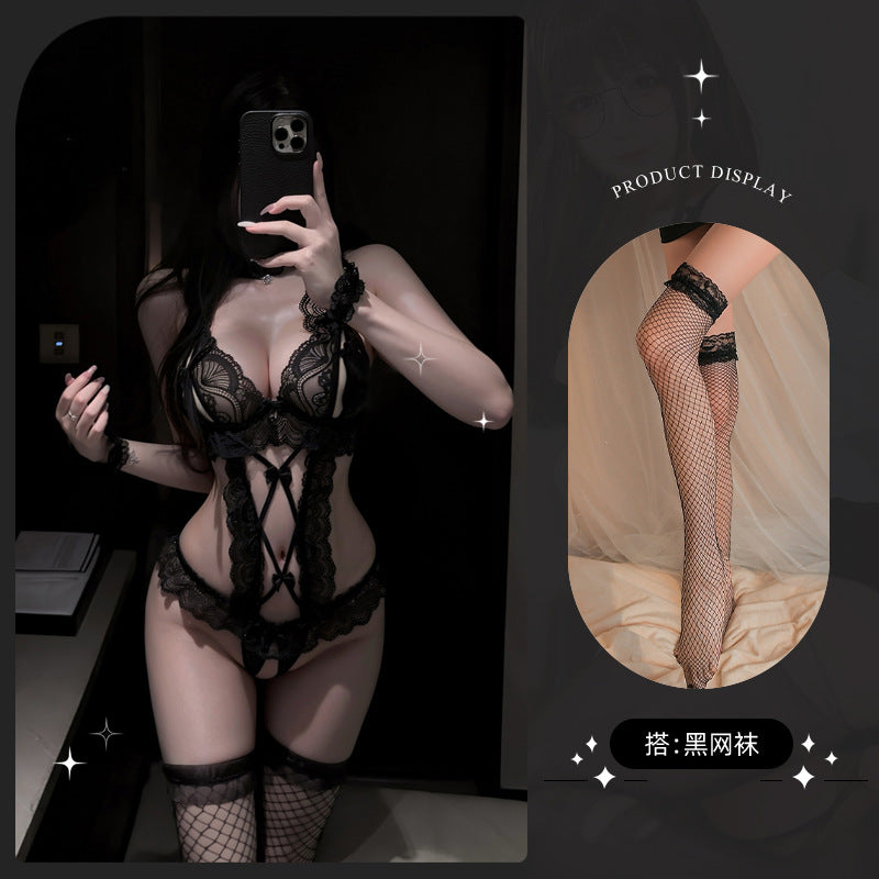 LS Sexy Lingerie Sexy Jumpsuit Pure Desire Lace Temptation Open Crotch Uniform Maid Outfit Flirting Pajamas
