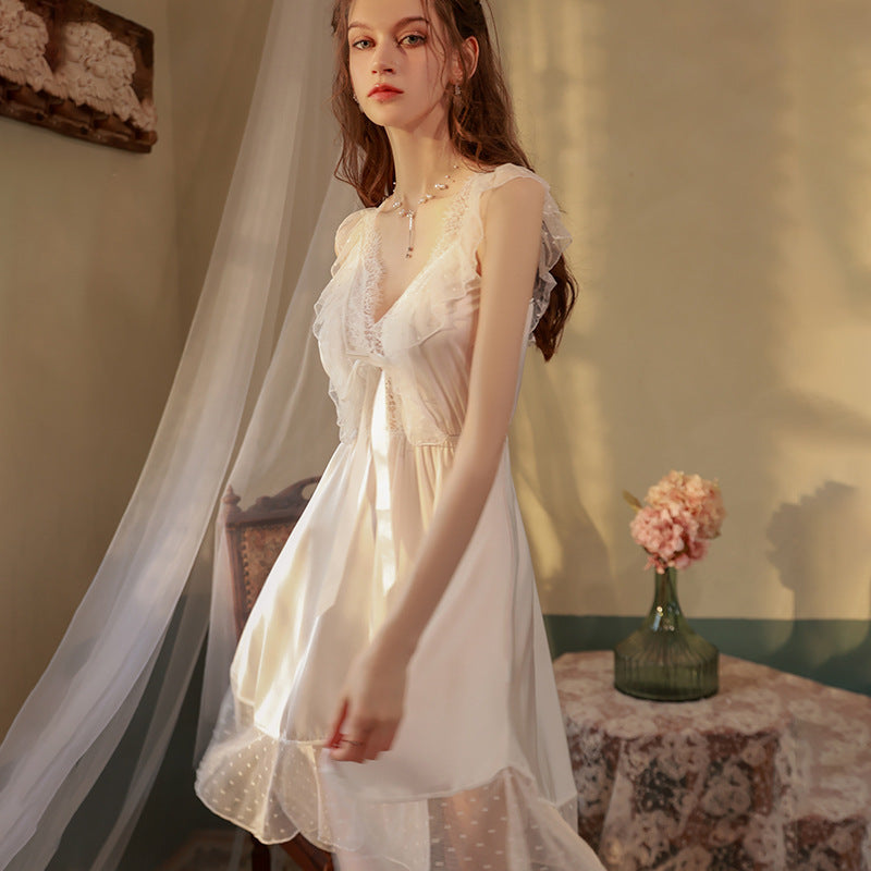 3074 Ying Sexy Pajamas Women's Summer Ice Silk Home Clothes Pure Desire Style Lace Temptation Sling Nightgown Set