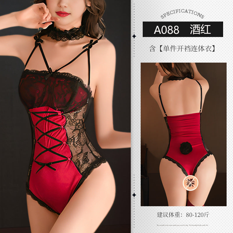 Sex lingerie sexy pure crotch jumpsuit hollow Christmas passion temptation role playing bunny suit