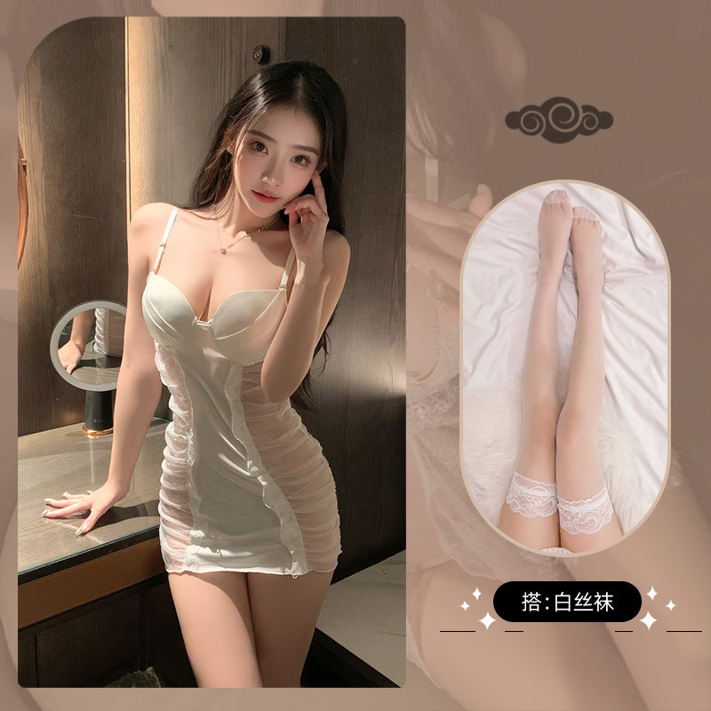 LS Sexy Lingerie Sexy Deep V Wrinkle Mesh Perspective Temptation Hot Suspender Nightgown Set 8211