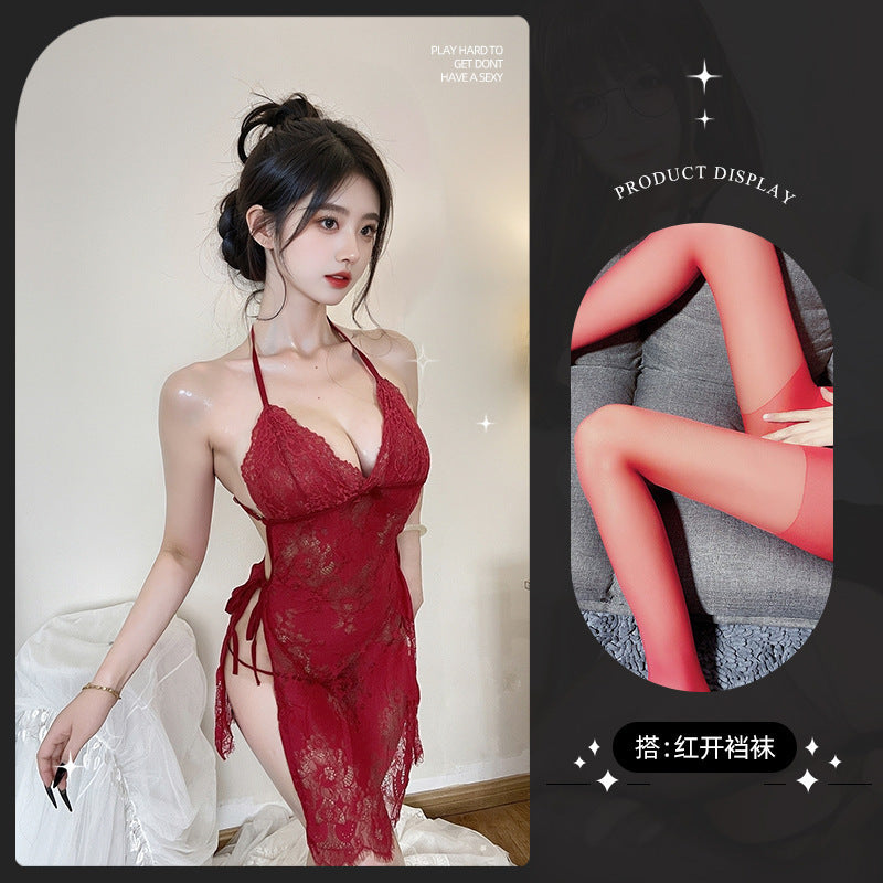 LS Sexy Mesh Pajamas Transparent Sexy Suspender Nightgown Lace Pure Desire Temptation Small Breast Sexy Pajamas