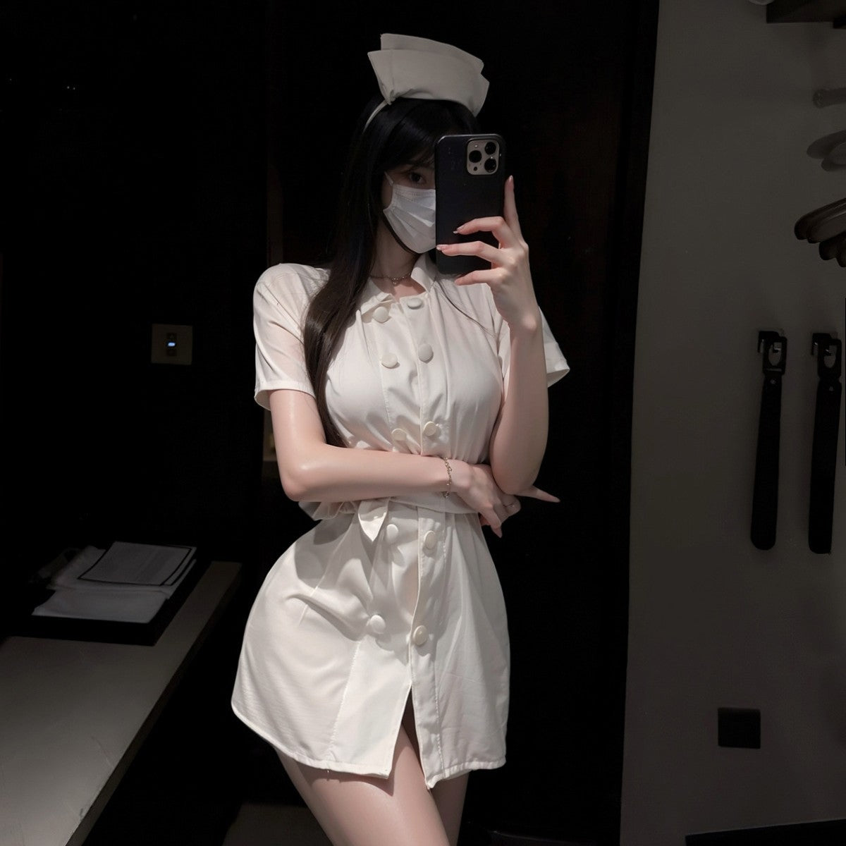 LS Sexy Lingerie Sexy Nurse Uniform Pure Desire No-Take-Off Pajamas Strap Suit Qqny Maid Outfit