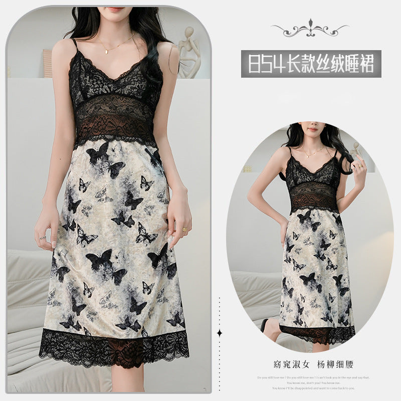Ying Chun Wants to Add Chest Pad Pajamas Butterfly Printed Long Velvet Sling Nightgown plus size suit Home Clothes