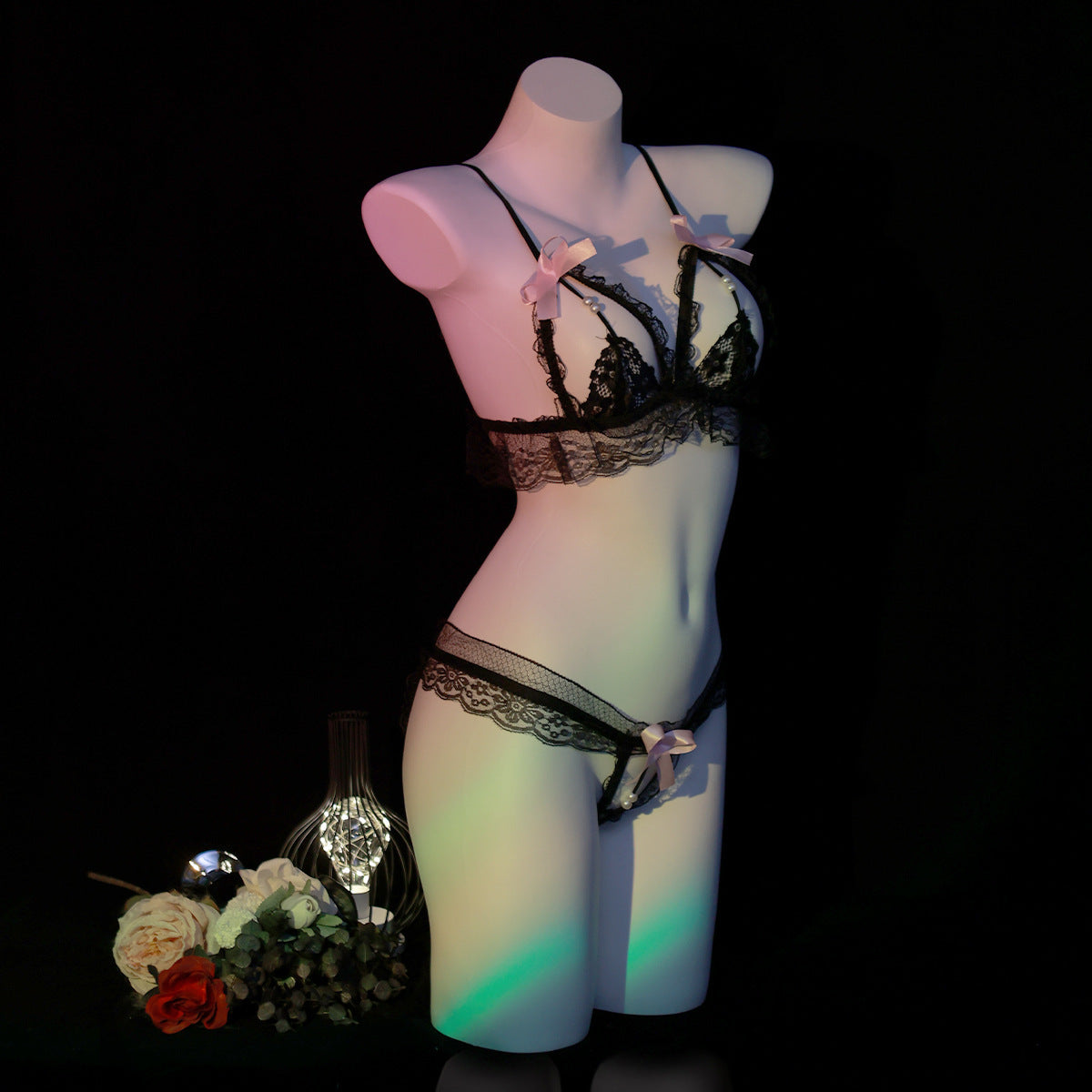 LS Sexy Sexy Underwear Three-Point Lace Panties Sexy Small Breast Charming Pearl Open Bikini