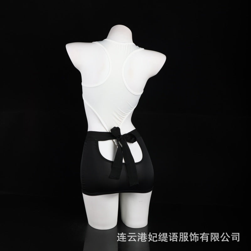 LS Sexy Underwear Sexy Leaky Chest Tight jumpsuit Temptation Hip Skirt No-off Hot Secretary 8249