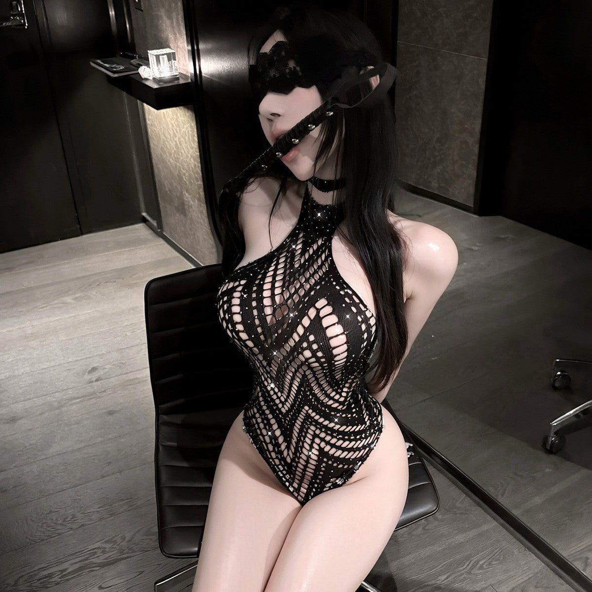 LS Sexy Lingerie See-Through Fishnet Stockings Sexy One-Piece Mesh Romper Internet Celebrity No-Take-Off Sexy Uniform Nightclub