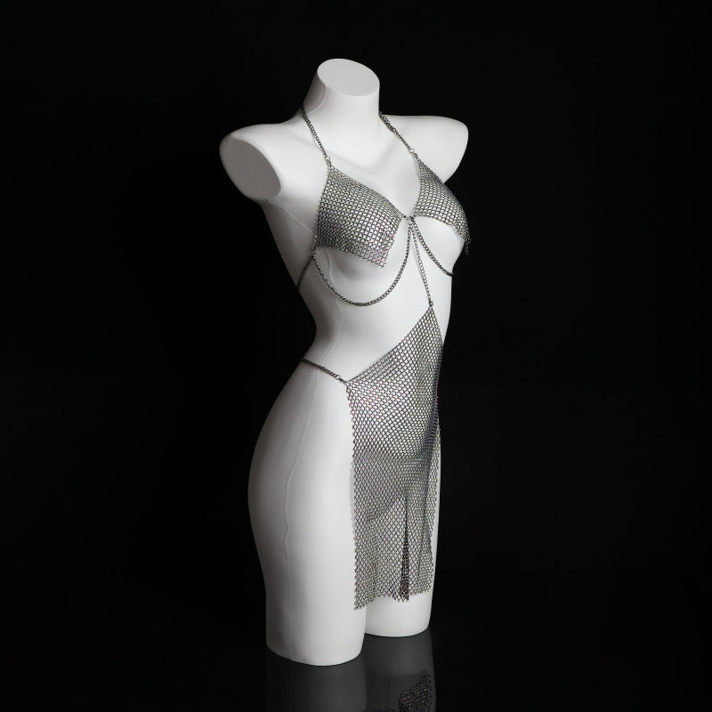 LS Sexy Sexy Lingerie Temptation Perspective Chain Fishnet Hollow Strap Halter Three-Point Dress