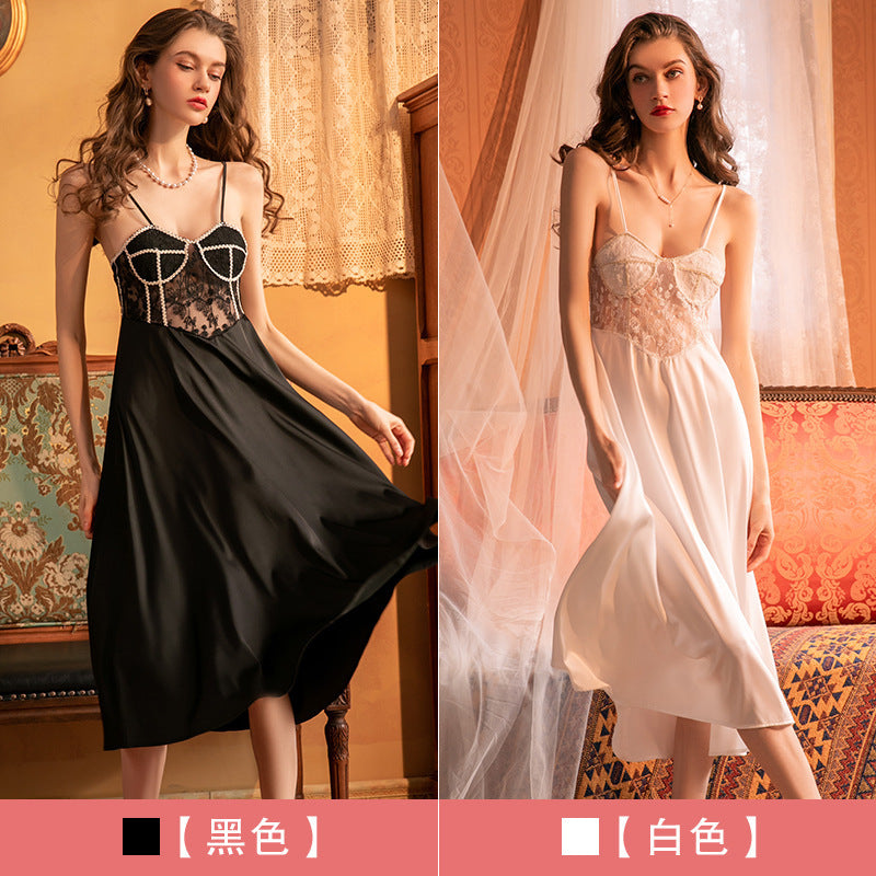 3034 Ying Autumn and Winter Sexy Push-up with Chest Pad Small Chest Pure Lace Sling Nightgown Women's Court Style Home