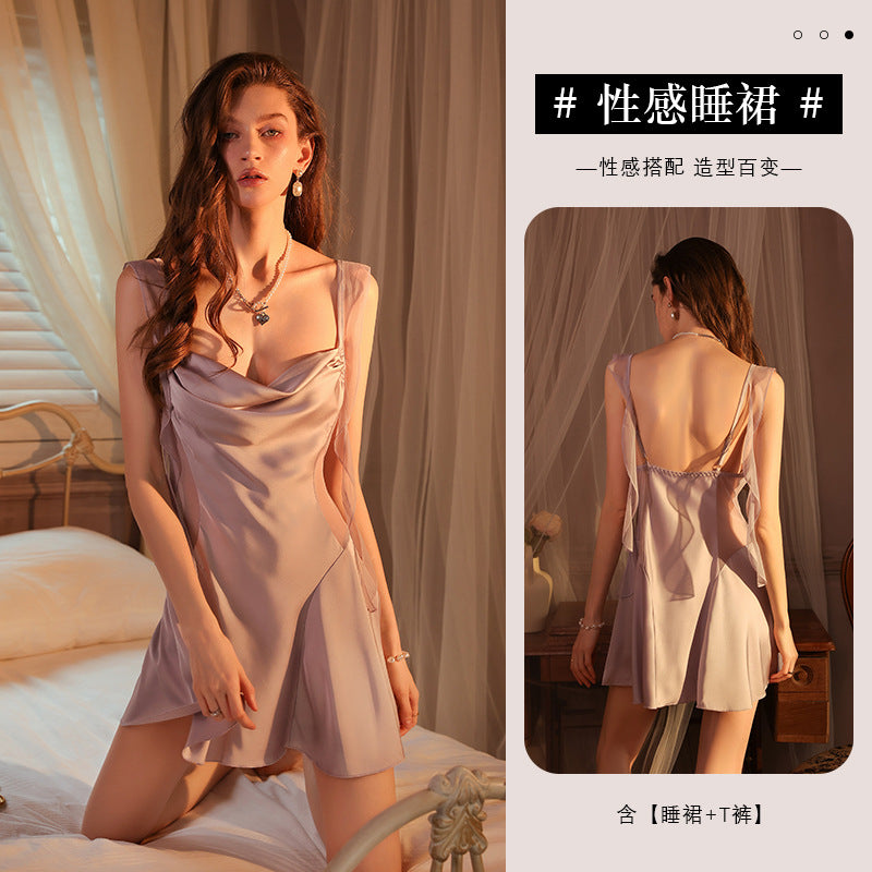 Ying Sexy Satin Sling Nightdress Skirt Collar Hollow Pure Backless Pajamas Ribbon Deep V Home Dress Nightdress for Women